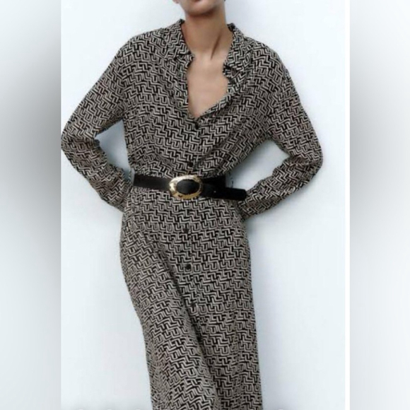 Zara Printed Shirt Dress Black ecru Patterned Maxi Dress - Picture 5 of 10
